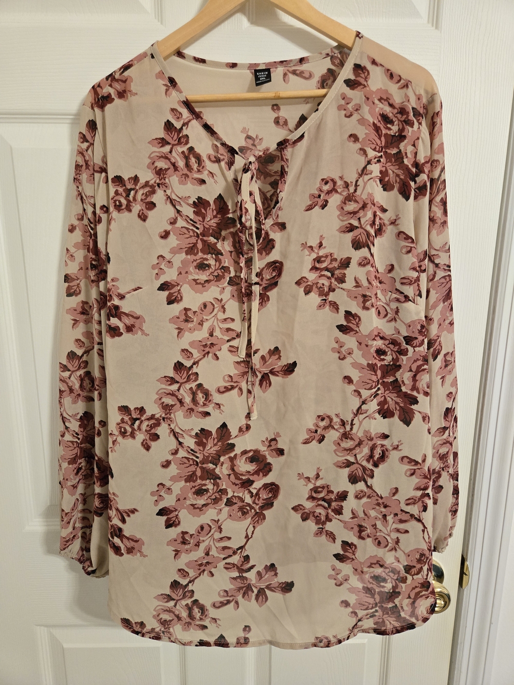 Beige Cream Floral Tie-Neck Long-Sleeve Blouse Size 2XL